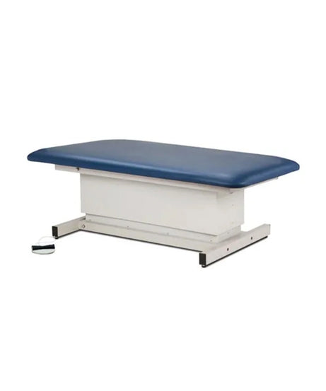An adjustable medical examination table with a blue padded top and a white metal frame, shown on a plain white background.