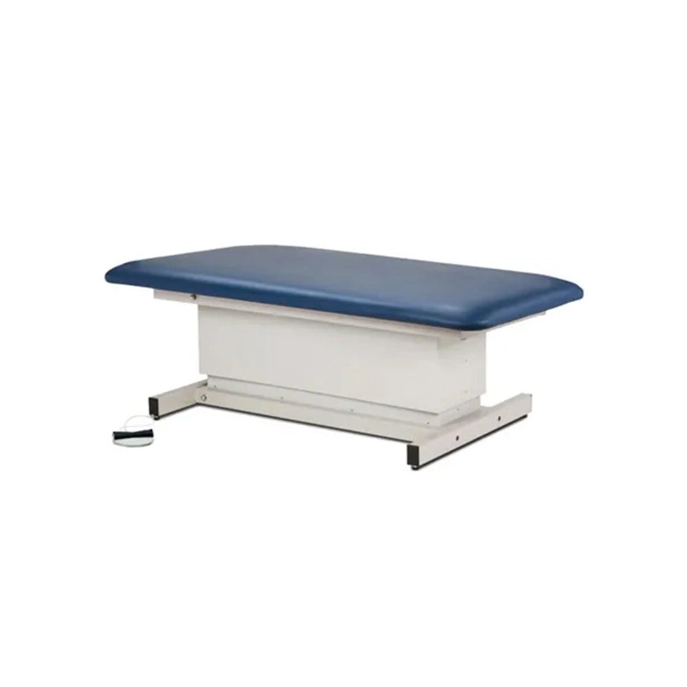 An adjustable medical examination table with a blue padded top and a white metal frame, shown on a plain white background.