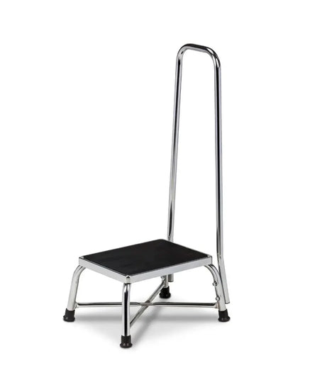 A chrome steel step stool with a black textured non-slip seat and a tall safety grab handle, shown on a white background.