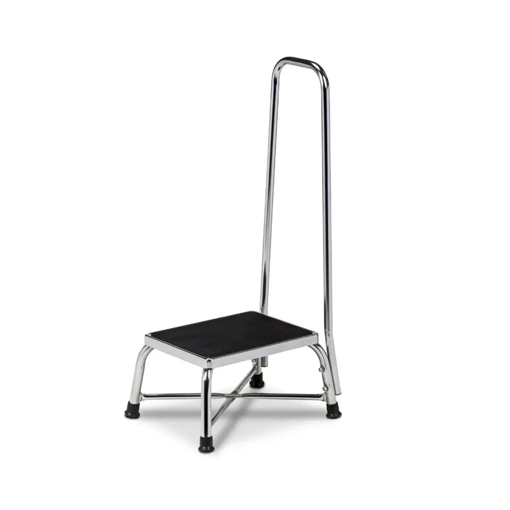 A chrome steel step stool with a black textured non-slip seat and a tall safety grab handle, shown on a white background.