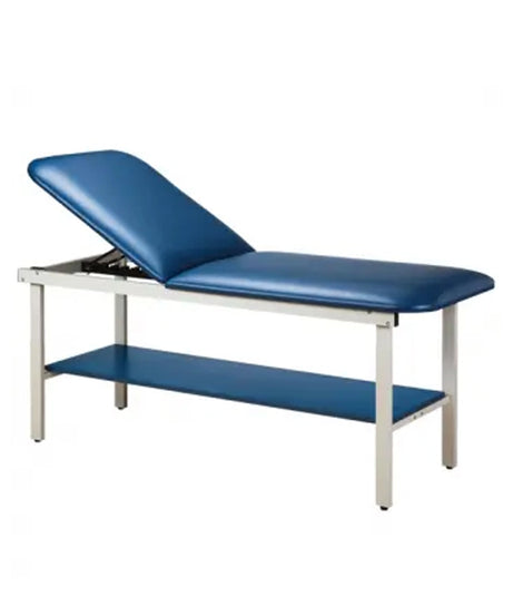 Adjustable massage table with blue padded surfaces and a silver metal frame, shown on a plain white background.