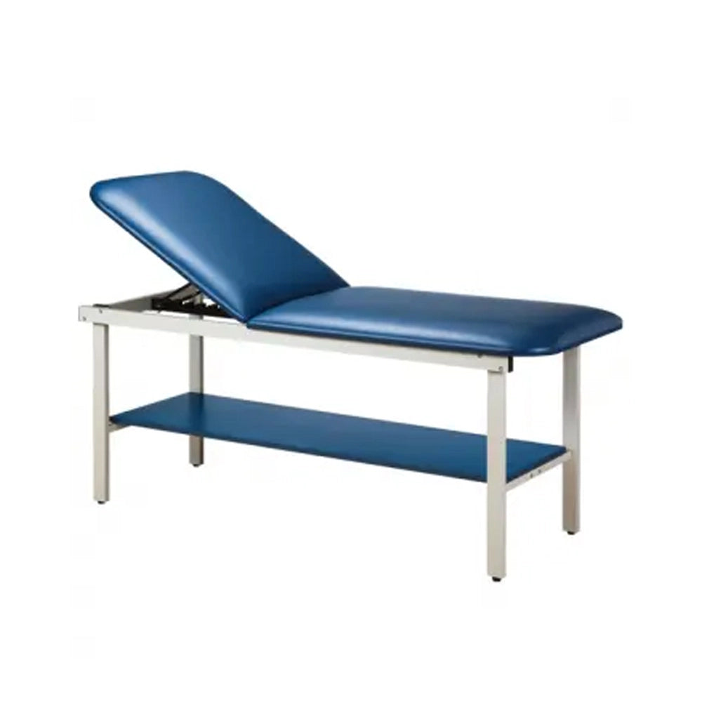 Adjustable massage table with blue padded surfaces and a silver metal frame, shown on a plain white background.