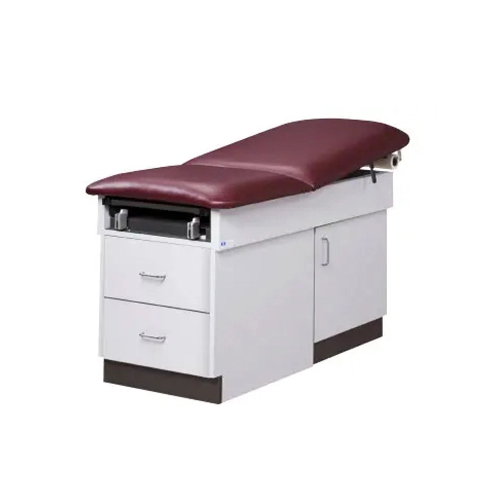 A medical examination table with a burgundy maroon padded top and a white storage cabinet base with two drawers and one cabinet door, shown on a plain white background.