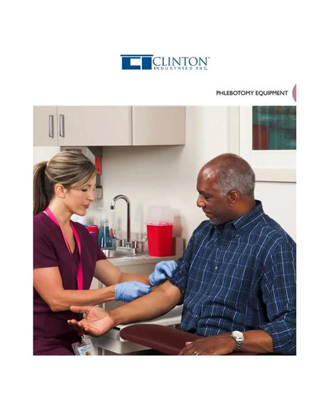 A promotional image for Clinton Medical Inc. phlebotomy equipment, showing a healthcare worker preparing a patient's blood sample in a clinical office setting.