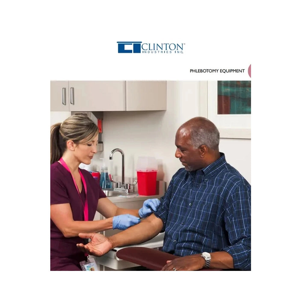 A promotional image for Clinton Medical Inc. phlebotomy equipment, showing a healthcare worker preparing a patient's blood sample in a clinical office setting.