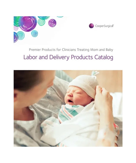 Catalog cover for the CooperSurgical Labor and Delivery Products Catalog, featuring a photo of a newborn baby wearing a white knit hat while being held by a mother. The top of the page has the CooperSurgical logo and title text.