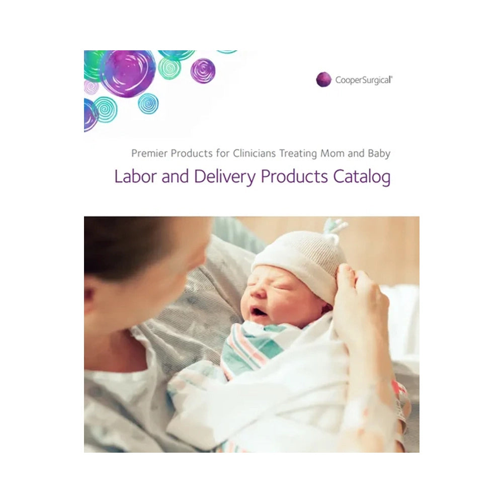 Catalog cover for the CooperSurgical Labor and Delivery Products Catalog, featuring a photo of a newborn baby wearing a white knit hat while being held by a mother. The top of the page has the CooperSurgical logo and title text.