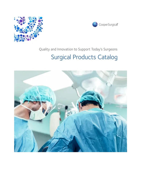 Cover page of the Cooper Surgical Surgical Products Catalog, featuring the title in blue text on a white background with a photo of surgeons in blue surgical attire in an operating room.