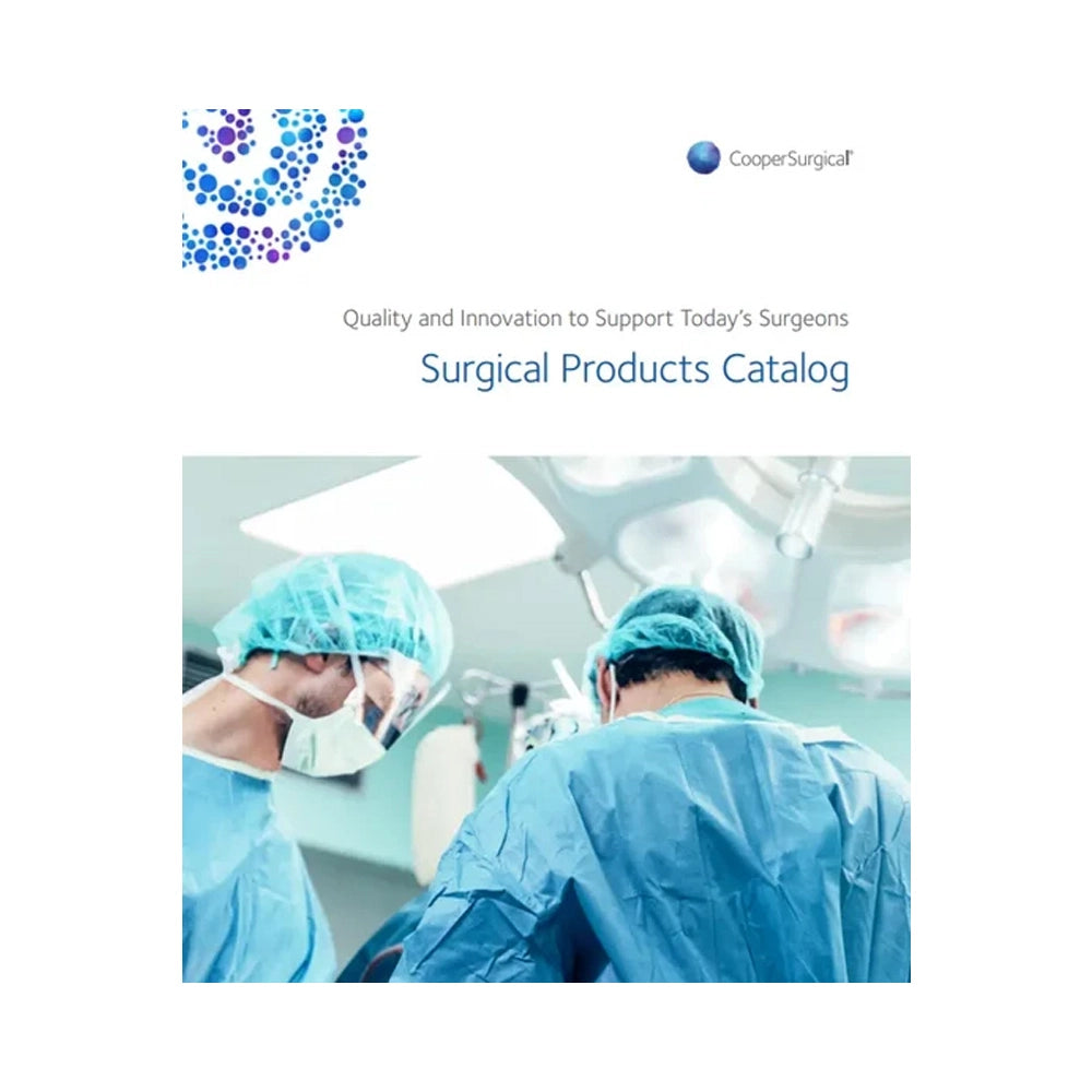 Cover page of the Cooper Surgical Surgical Products Catalog, featuring the title in blue text on a white background with a photo of surgeons in blue surgical attire in an operating room.