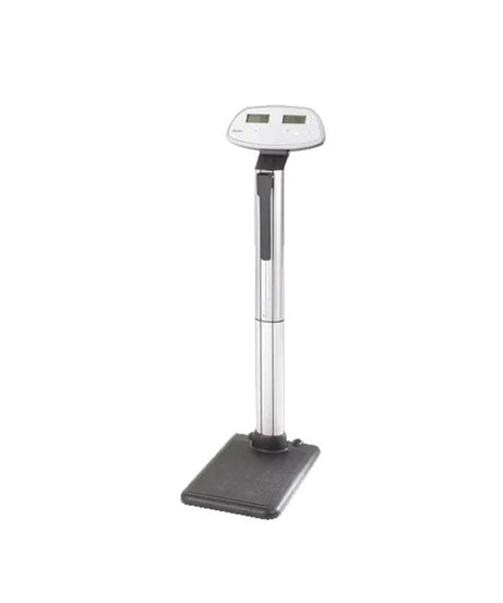 A digital standing scale with a silver metallic pole, a black weighing platform, and a white top platform with a small digital display screen.