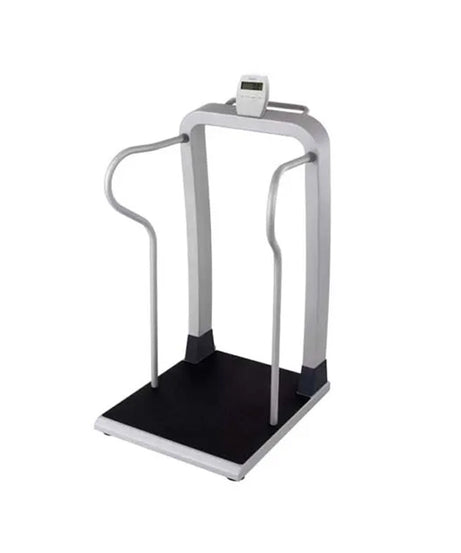 A digital body weight scale with a black platform, silver metal frame, and curved support bars, shown on a plain white background.