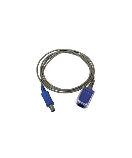 A coiled gray cable with two blue connector ends, one flat barrel plug and one rectangular port-style plug, shown on a plain white background.