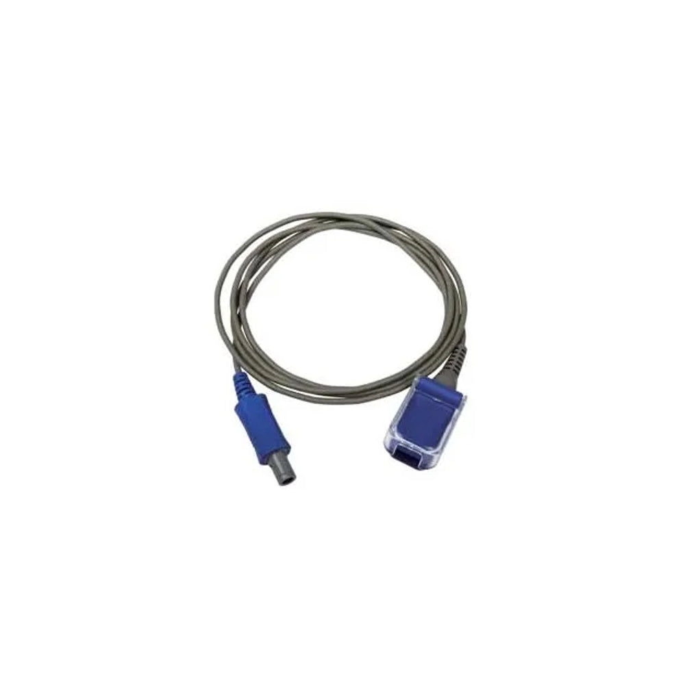 A coiled gray cable with two blue connector ends, one flat barrel plug and one rectangular port-style plug, shown on a plain white background.