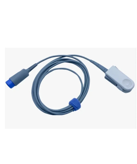 A medical monitoring cable with a blue connector, a coiled gray cable, a blue tie-wrap, and a white clip, shown on a light gray background.