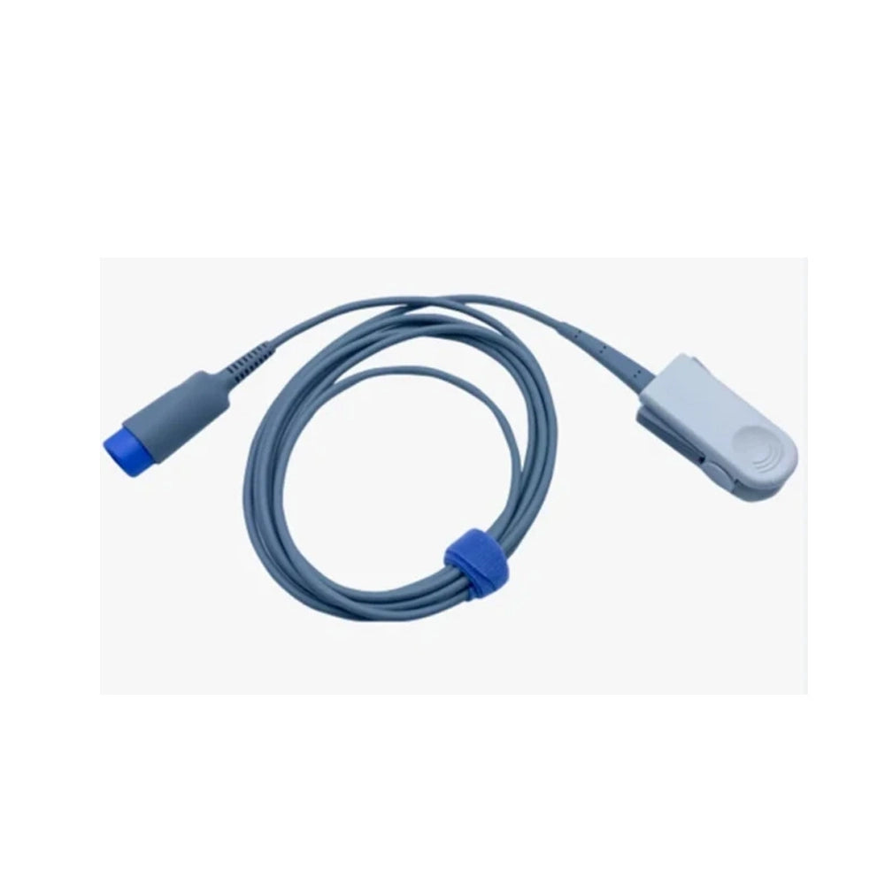 A medical monitoring cable with a blue connector, a coiled gray cable, a blue tie-wrap, and a white clip, shown on a light gray background.