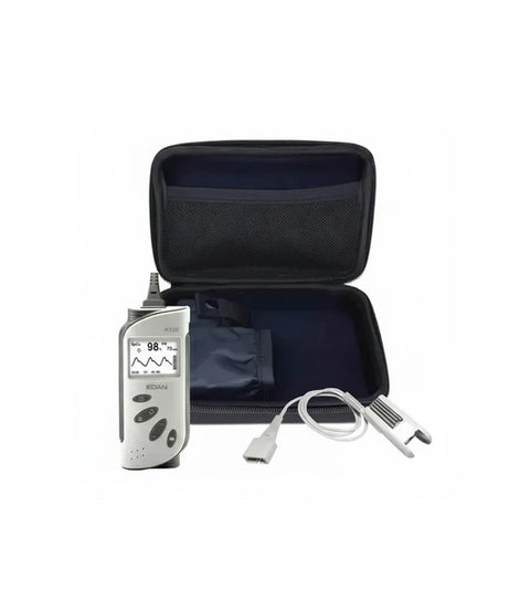 A handheld electronic device with a small display, shown next to an open black zippered carrying case, a white cable, and a white clip on a plain white background.