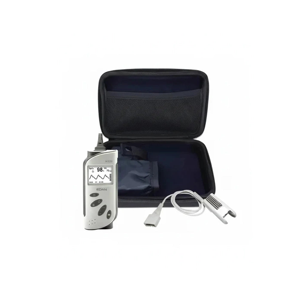 A handheld electronic device with a small display, shown next to an open black zippered carrying case, a white cable, and a white clip on a plain white background.
