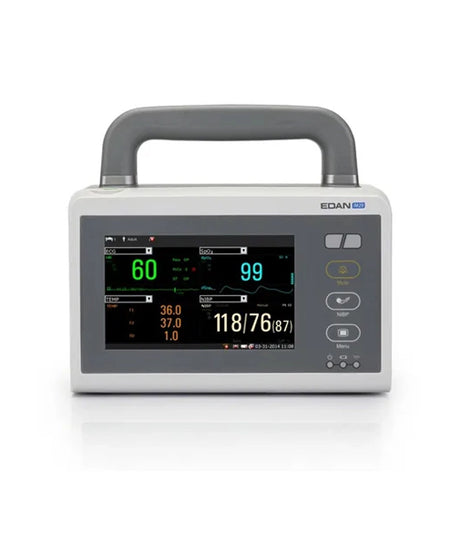 An EDAN medical monitor with a gray handle and a digital display screen showing vital signs, set against a plain white background.