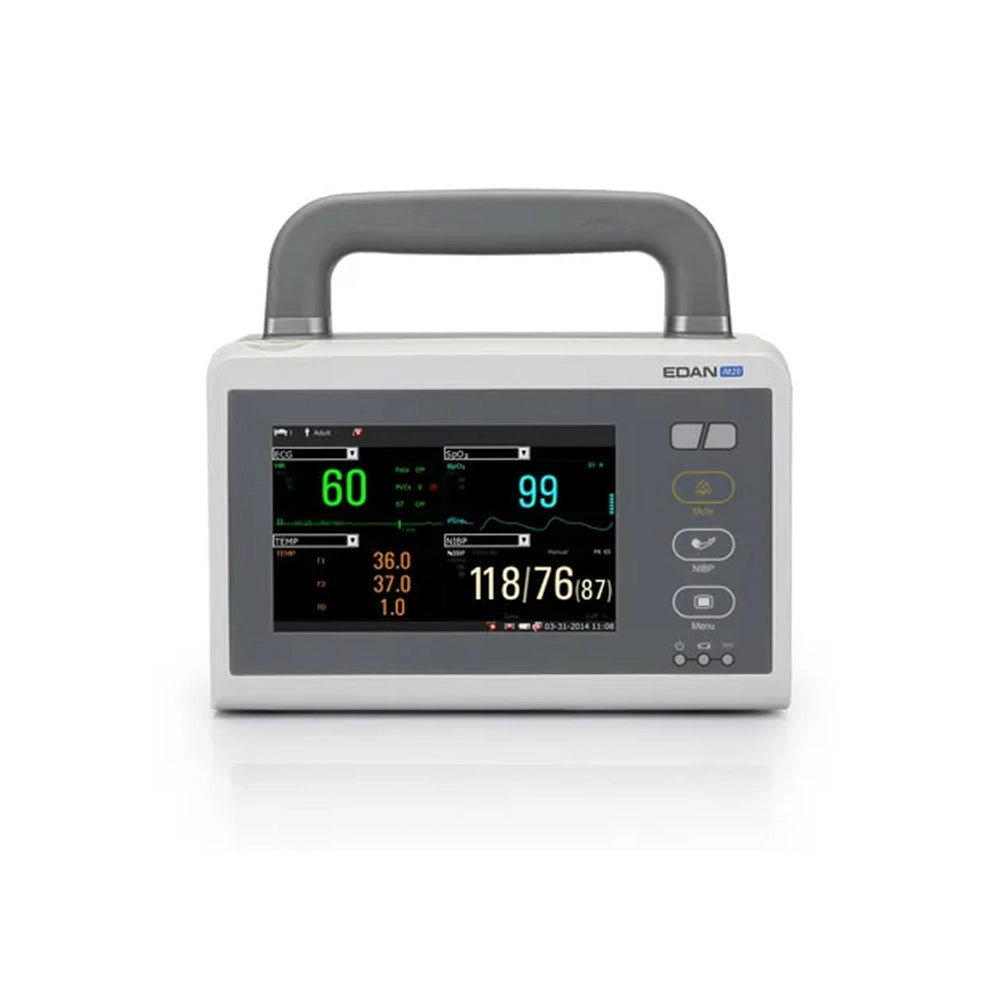 An EDAN medical monitor with a gray handle and a digital display screen showing vital signs, set against a plain white background.