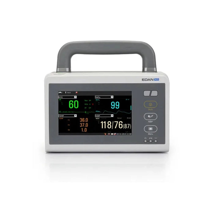 An EDAN medical monitor with a gray handle and a digital display screen showing vital signs, set against a plain white background.