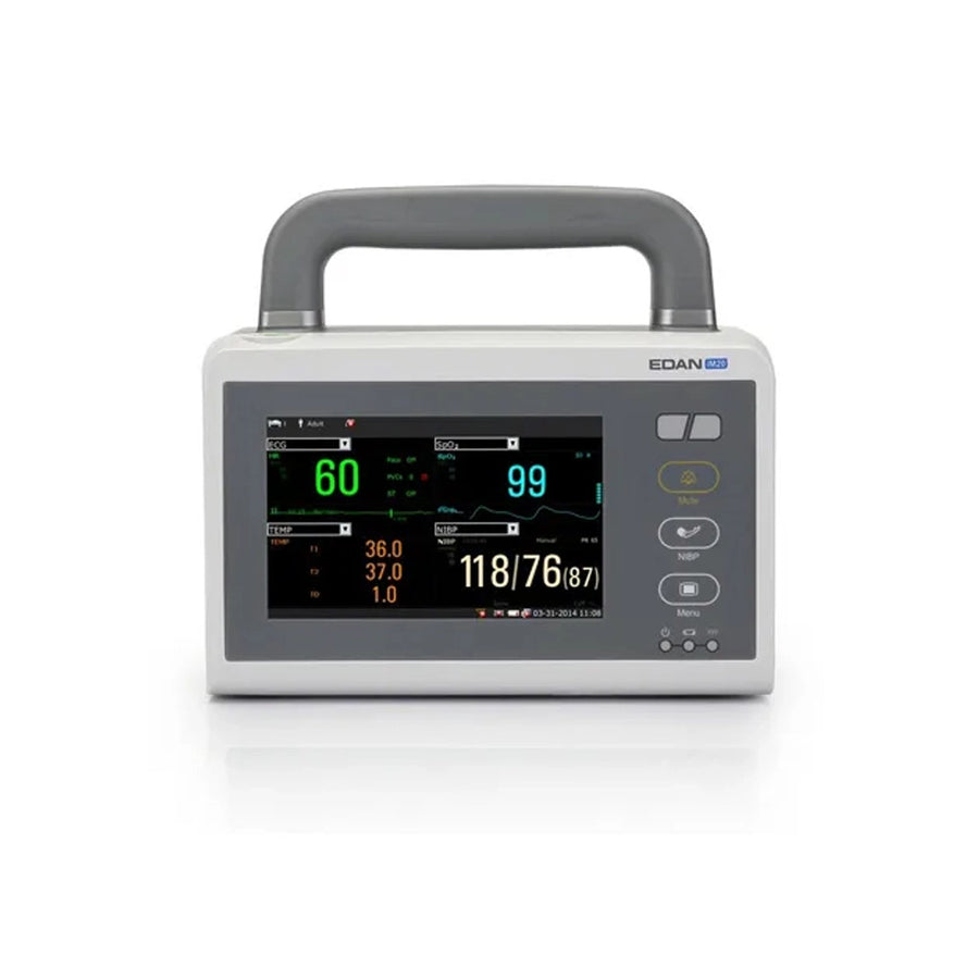 An EDAN medical monitor with a gray handle and a digital display screen showing vital signs, set against a plain white background.