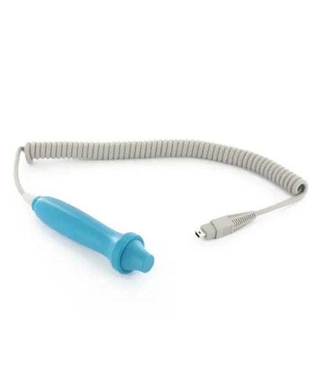 A coiled gray cable with a bright blue ergonomic handle and a small connector at the end, photographed on a plain white background.