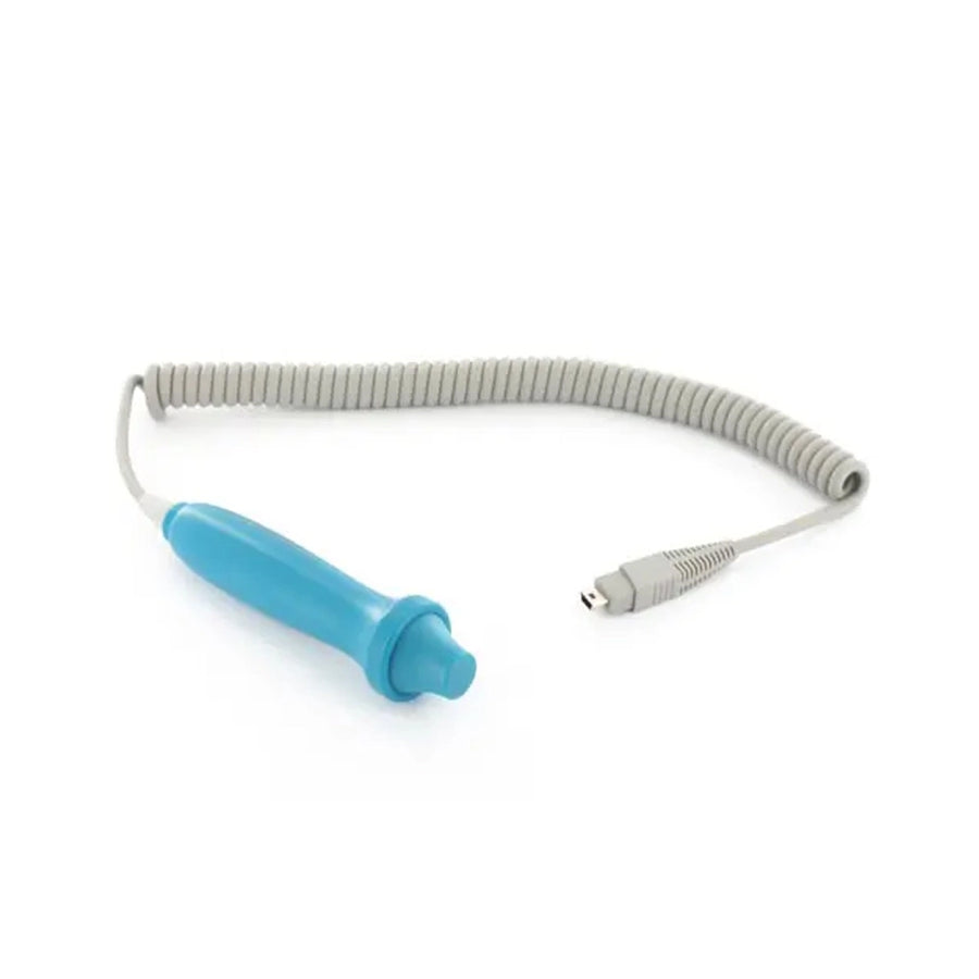 A coiled gray cable with a bright blue ergonomic handle and a small connector at the end, photographed on a plain white background.