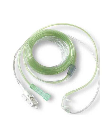 A medical nasal cannula tube set with a coiled translucent light green tube, a clear plastic connector, and a white and green nasal clip, shown on a plain white background.