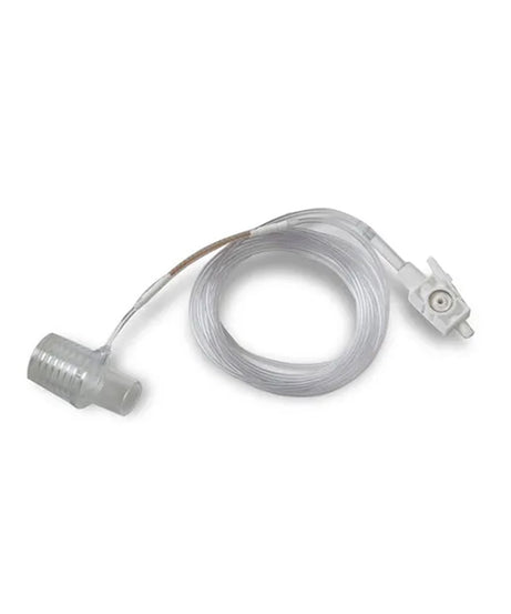 A clear plastic replacement tube assembly with a threaded connector on one end and a small valve or fitting on the other, photographed on a plain white background.