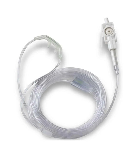 A clear plastic nasal cannula tube with a white connector and a small clear humidifier, coiled on a white background.