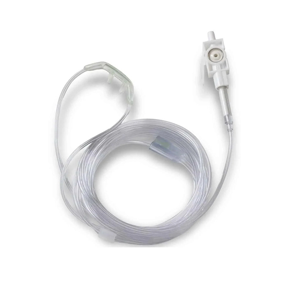 A clear plastic nasal cannula tube with a white connector and a small clear humidifier, coiled on a white background.