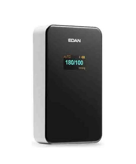 An EDAN electronic device with a black textured front face, a small digital display showing '180/100', and a white side panel, set against a plain white background.