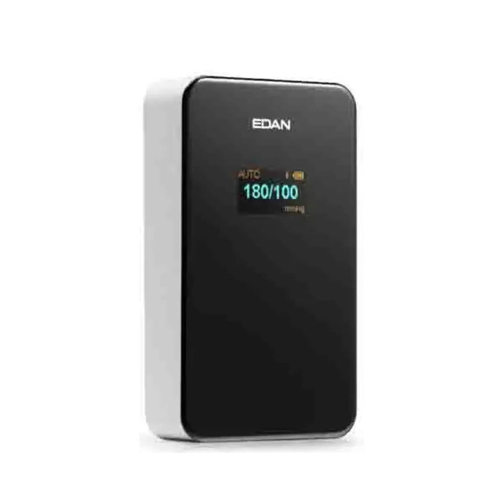 An EDAN electronic device with a black textured front face, a small digital display showing '180/100', and a white side panel, set against a plain white background.