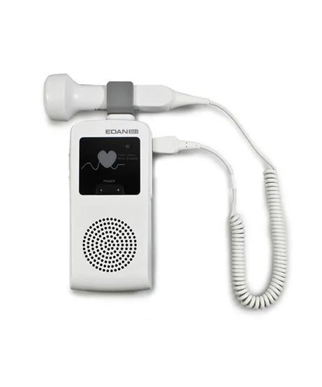 A white handheld medical ultrasound probe connected to a matching white electronic device with a small display screen, shown on a plain white background.