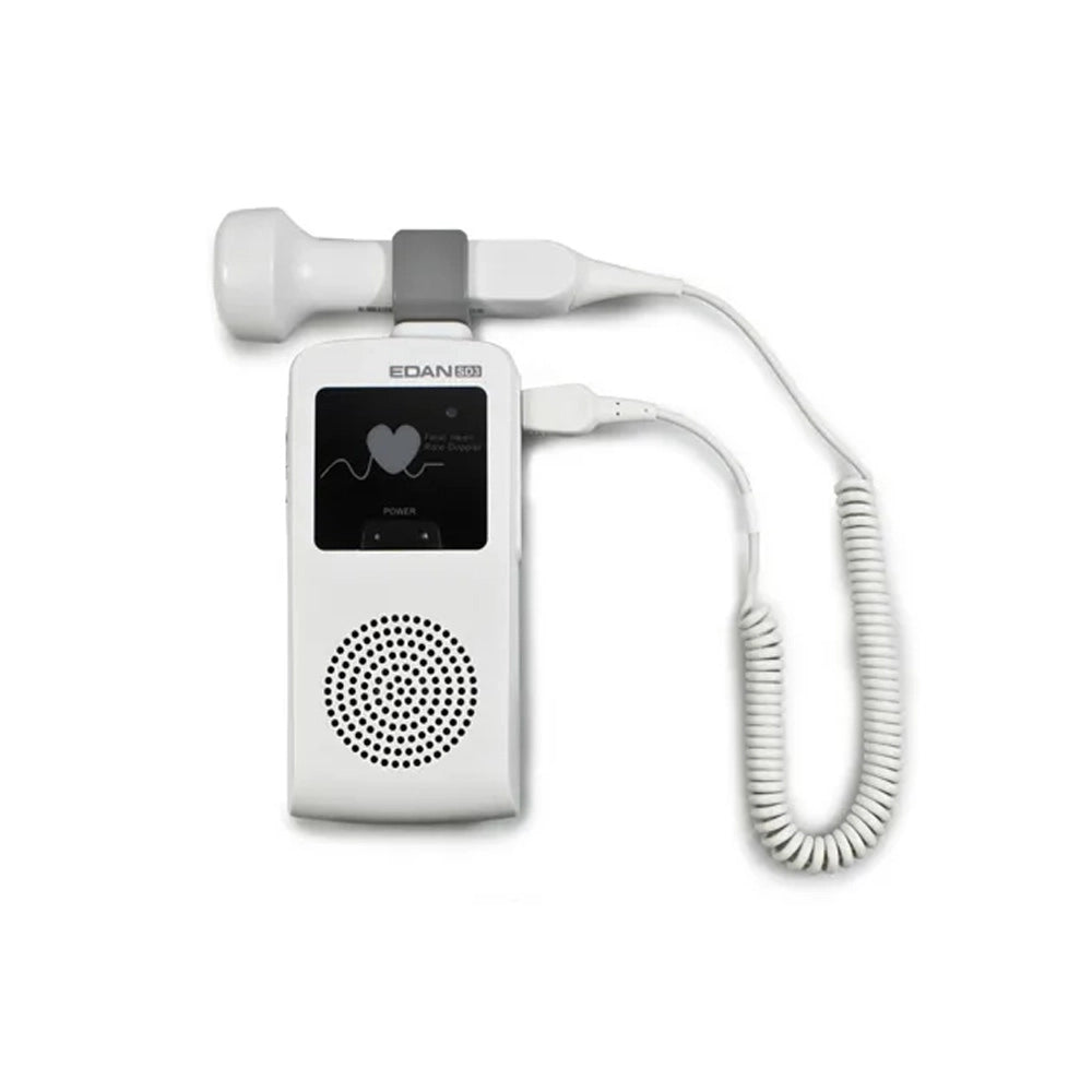 A white handheld medical ultrasound probe connected to a matching white electronic device with a small display screen, shown on a plain white background.