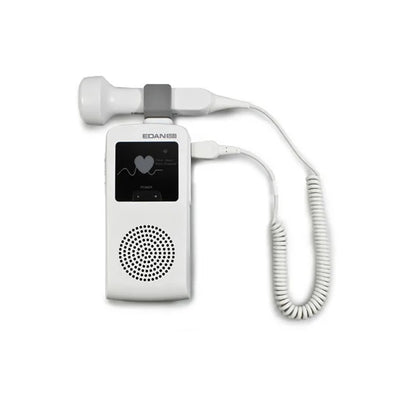 A white handheld medical ultrasound probe connected to a matching white electronic device with a small display screen, shown on a plain white background.