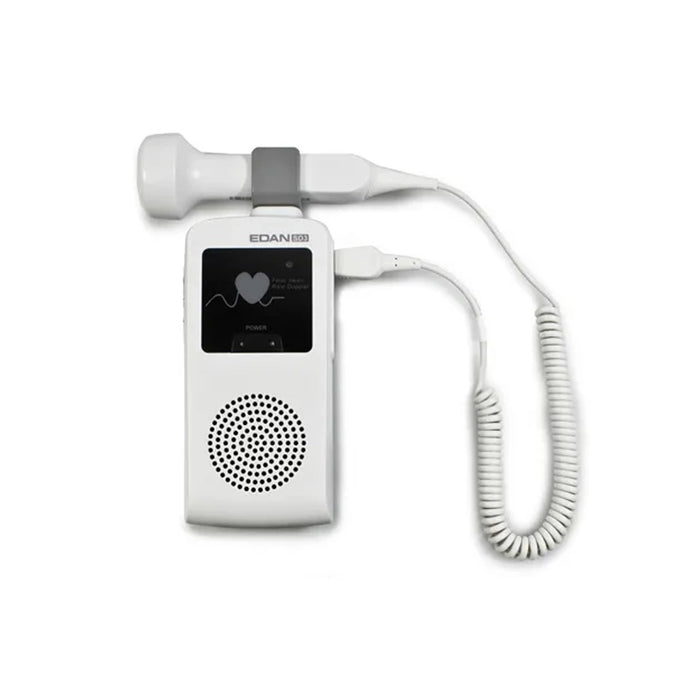 A white handheld medical ultrasound probe connected to a matching white electronic device with a small display screen, shown on a plain white background.
