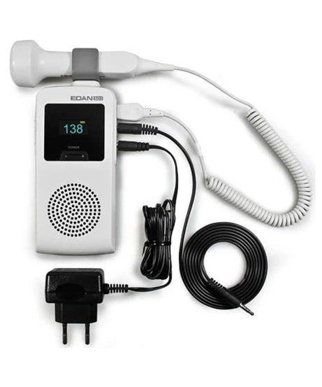 A white handheld ultrasound probe connected to a white control unit with a small digital display, shown with black cables, a coiled cord, and a black power adapter on a plain white background.