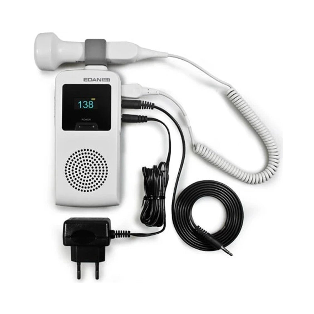 A white handheld ultrasound probe connected to a white control unit with a small digital display, shown with black cables, a coiled cord, and a black power adapter on a plain white background.