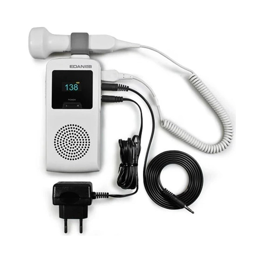 A white handheld ultrasound probe connected to a white control unit with a small digital display, shown with black cables, a coiled cord, and a black power adapter on a plain white background.