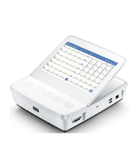 A white electronic medical device with a hinged screen displaying an ECG waveform, shown on a clean white background.
