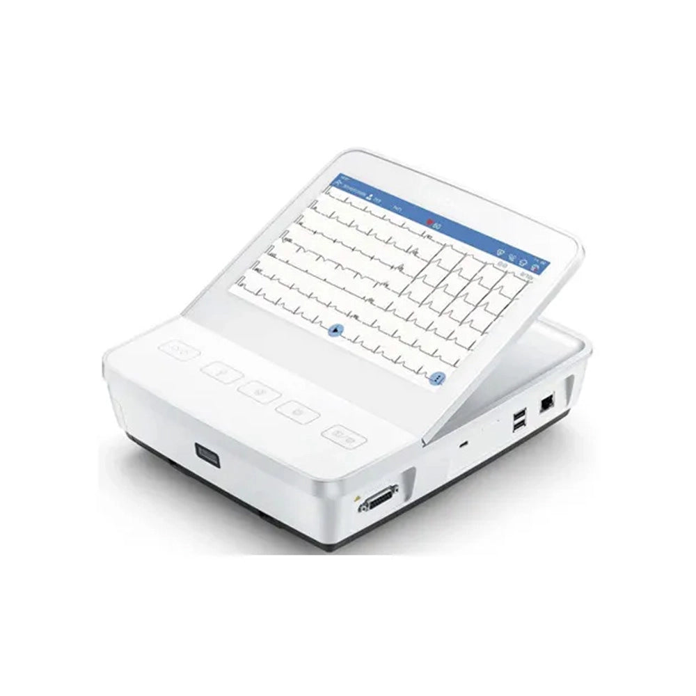 A white electronic medical device with a hinged screen displaying an ECG waveform, shown on a clean white background.