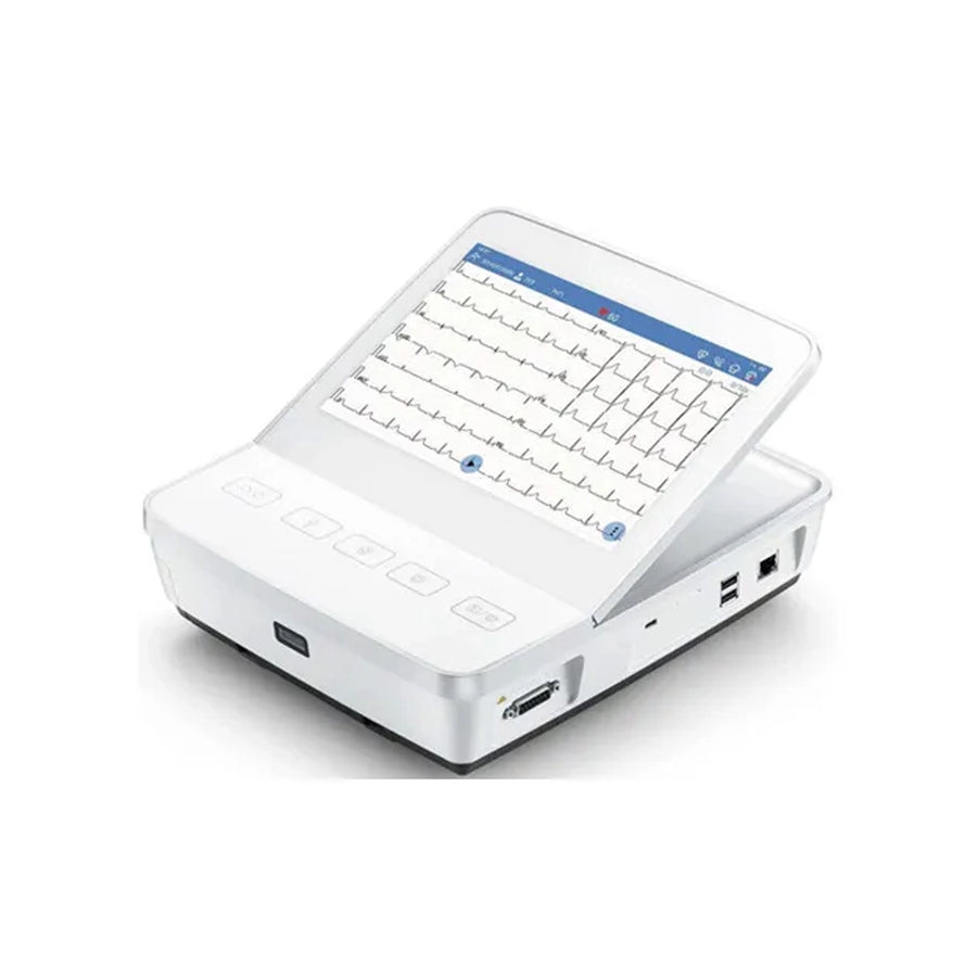 A white electronic medical device with a hinged screen displaying an ECG waveform, shown on a clean white background.