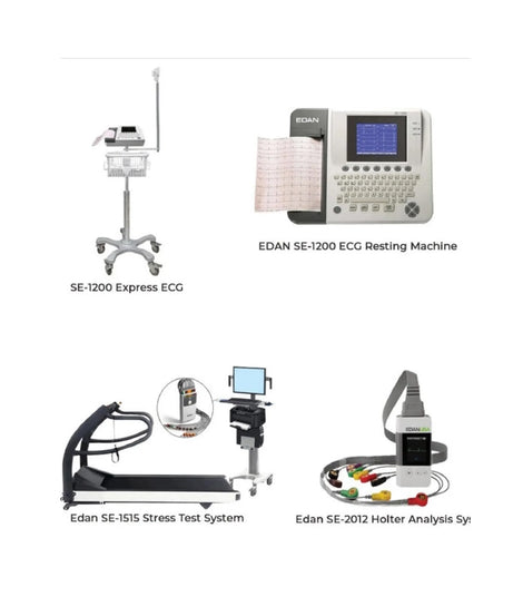 Four medical testing devices shown on a white background with labels: SE-1200 Express ECG, EDAN SE-1200 ECG Resting Machine, Edan SE-1515 Stress Test System, and Edan SE-2012 Holter Analysis Sy.