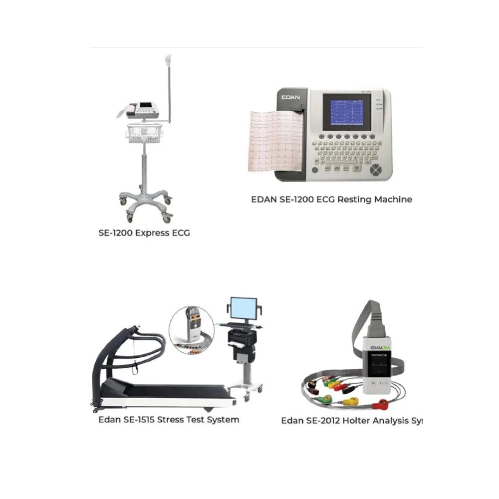 Four medical testing devices shown on a white background with labels: SE-1200 Express ECG, EDAN SE-1200 ECG Resting Machine, Edan SE-1515 Stress Test System, and Edan SE-2012 Holter Analysis Sy.