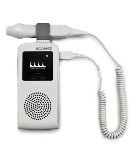 A white handheld ultrasound device with a coiled cable and probe, shown on a plain white background. The device features a digital screen, a speaker grille, and the brand name 'EDAN' printed above the screen.