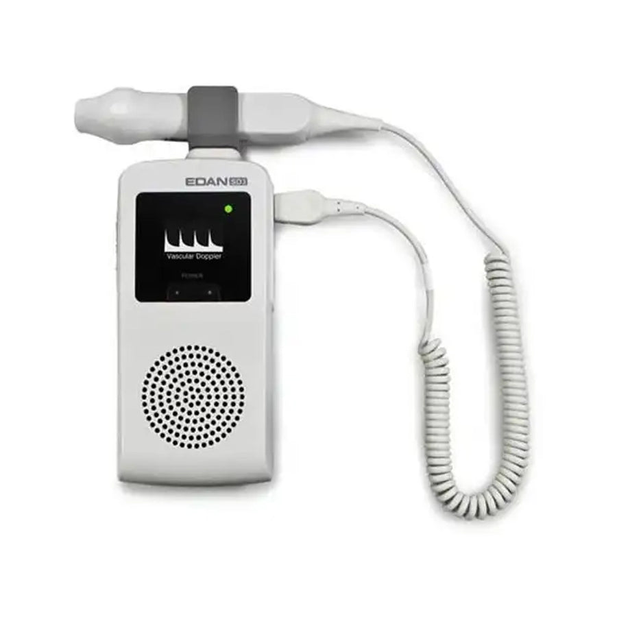 A white handheld ultrasound device with a coiled cable and probe, shown on a plain white background. The device features a digital screen, a speaker grille, and the brand name 'EDAN' printed above the screen.