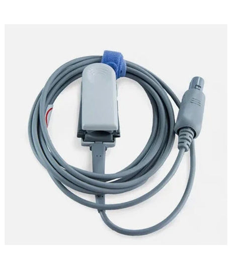 A gray medical ECG/ECG lead cable with a gray connector, a gray rectangular electrode, and a blue loop tie, shown on a light gray background.