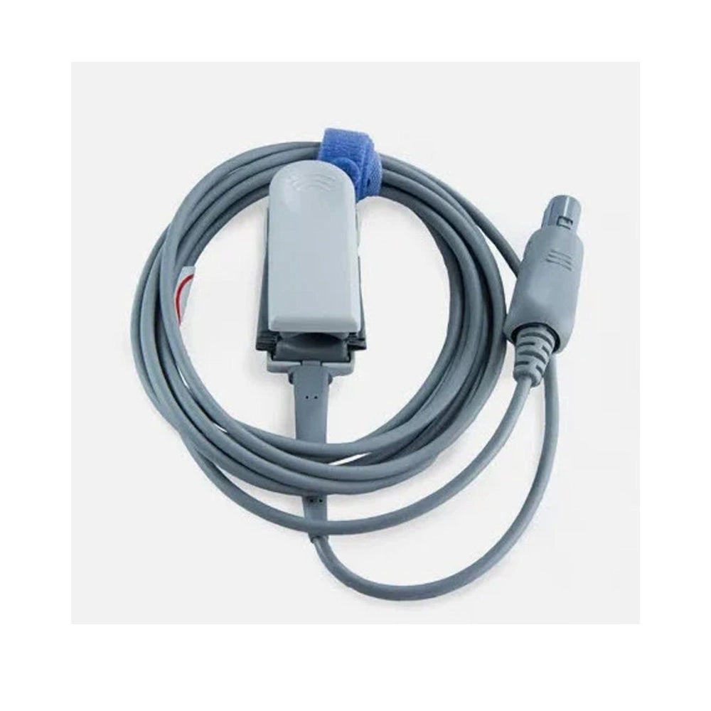 A gray medical ECG/ECG lead cable with a gray connector, a gray rectangular electrode, and a blue loop tie, shown on a light gray background.