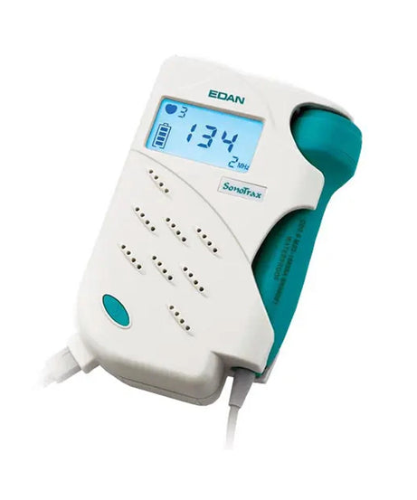 An EDAN SoniFax portable pulse oximeter in white and teal, featuring a digital LCD screen showing a reading of 134 and a white cable extending from the bottom.